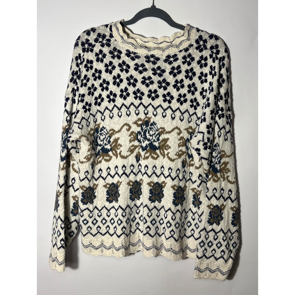 Vintage Nordic Floral Knit Sweater Cream Blue Grannycore Cozy Cottagecore Large